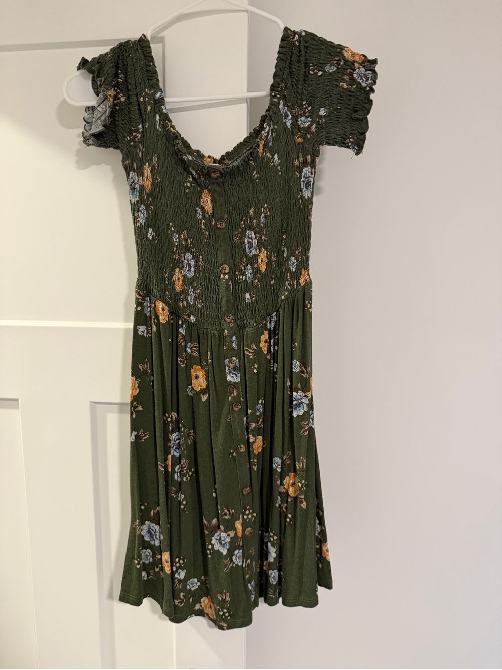 Xhilaration Olive Green Floral Smocked Button-Front Dress
